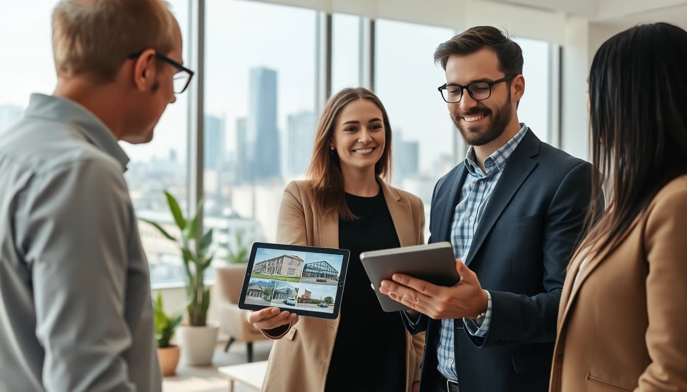 Der mmobilienmakler Frankfurt Riedberg berät Kunden in modernem Büro mit Stadtblick.