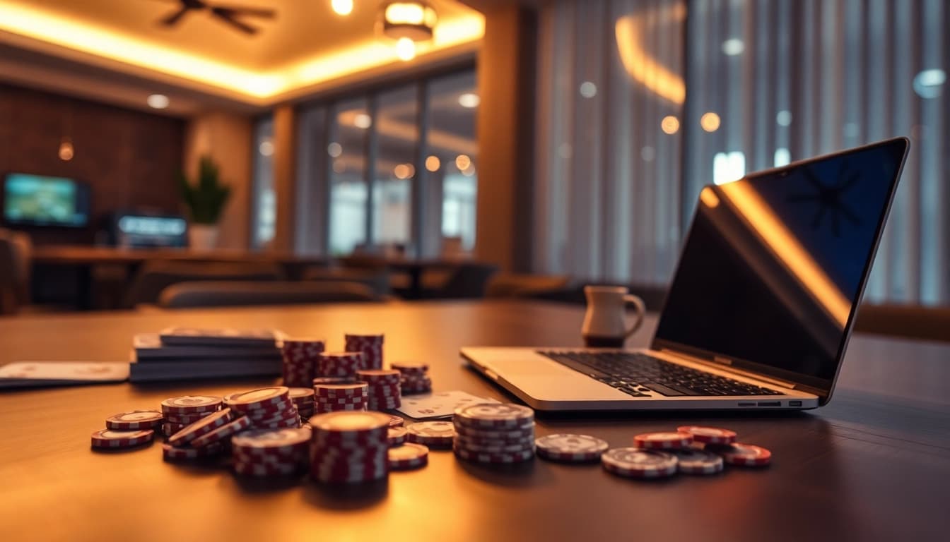 Setzen Sie auf Spaß beim Casino ohne Anmeldung mit Karten und Chips, umgeben von einem modernen Ambiente.