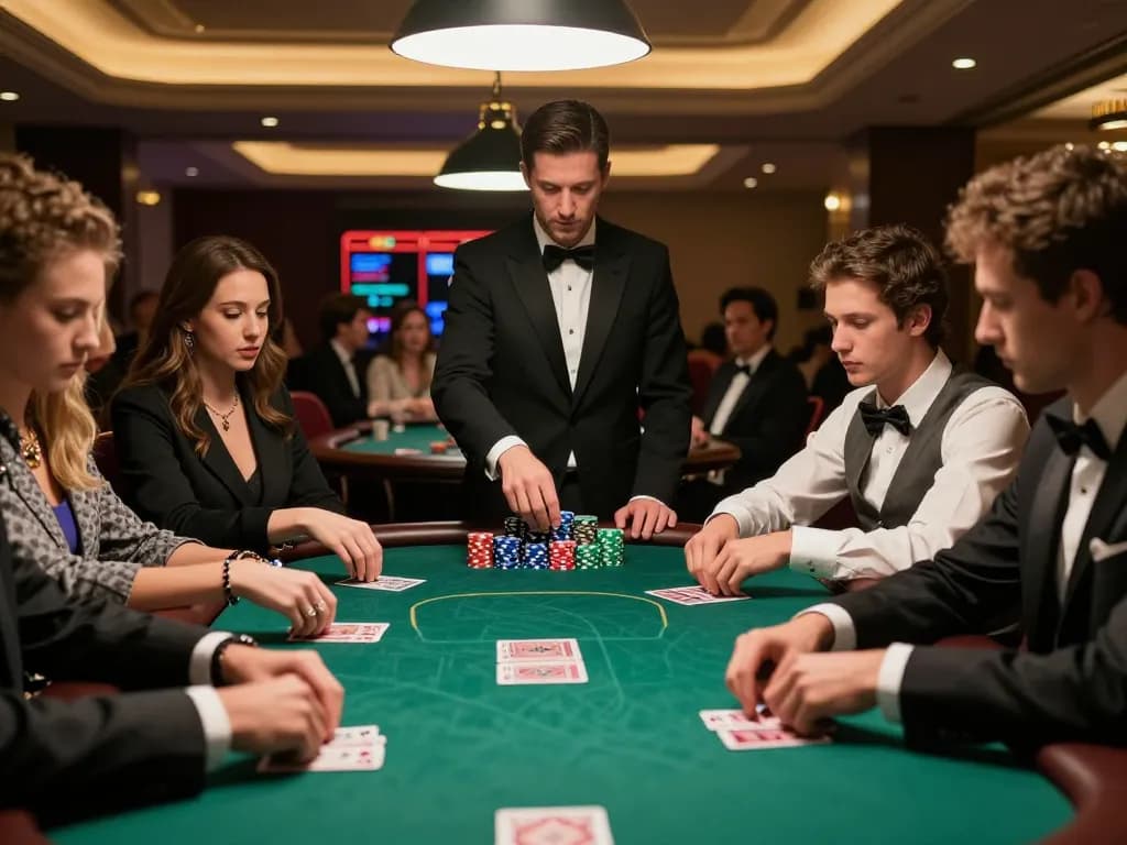 Exciting poker action at keonhacaii's upscale casino with focused players and dealer.