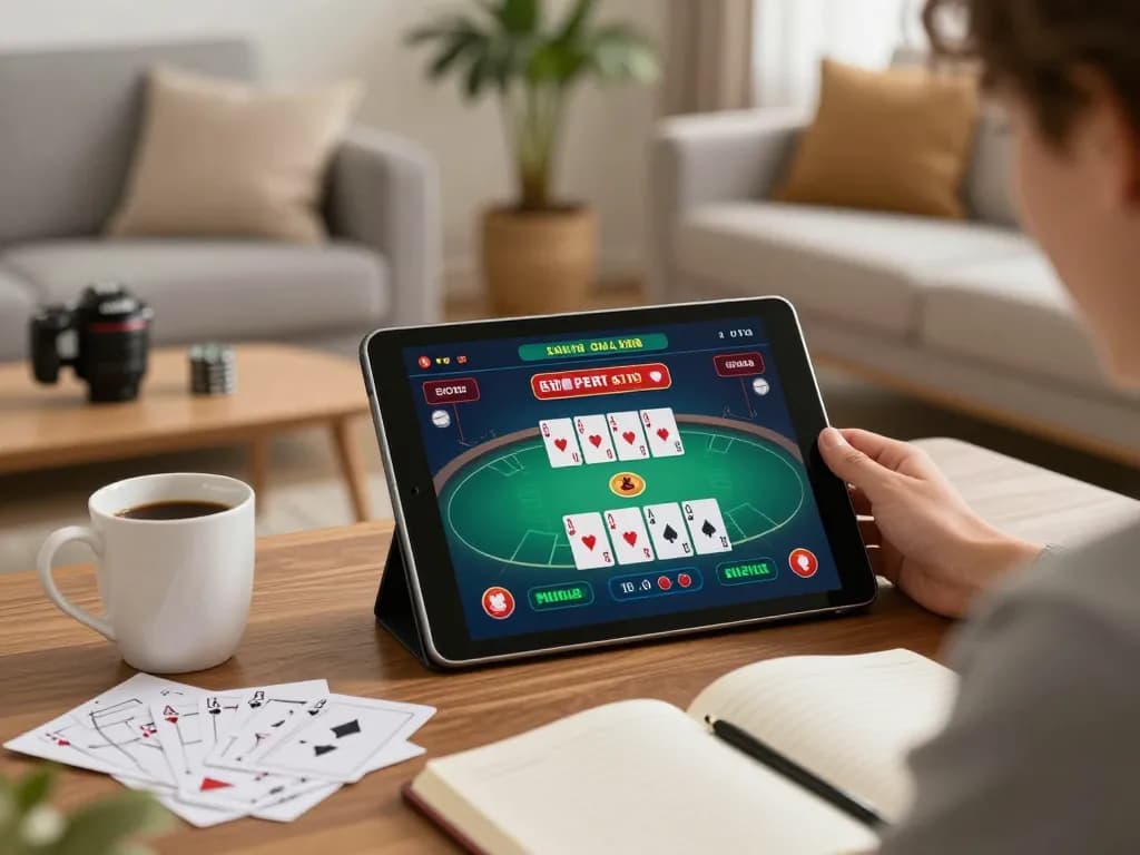 Player enjoying poker on mb668 with tablet in a cozy living room atmosphere.