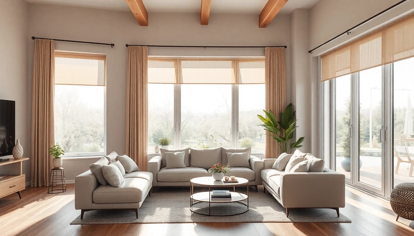 Plissee Maßanfertigung in einem modernen Wohnzimmer mit eleganten Fenstern und stilvollem Dekor.