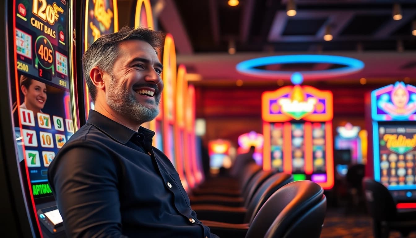 Glücklicher Spieler genießt einen Casino Bonus am Spielautomaten mit bunten Lichtern.