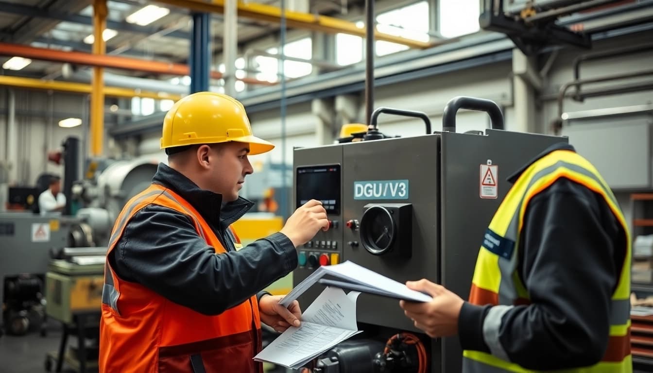 Technician conducting DGUV V3 Prüfung on electrical equipment for safety compliance.