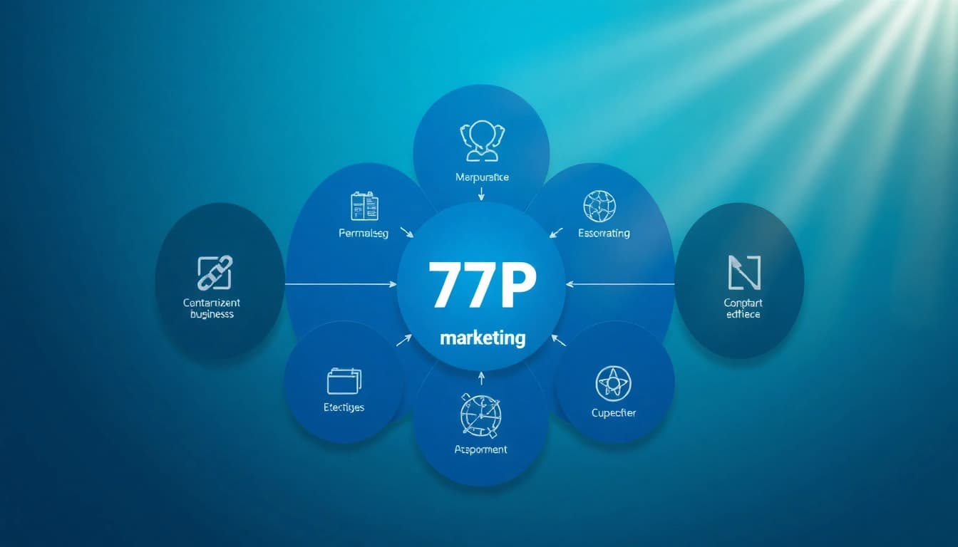 Veranschauliche Darstellung des 7p marketing mix mit zentralen Elementen und Icons zur Konzeptklärung.