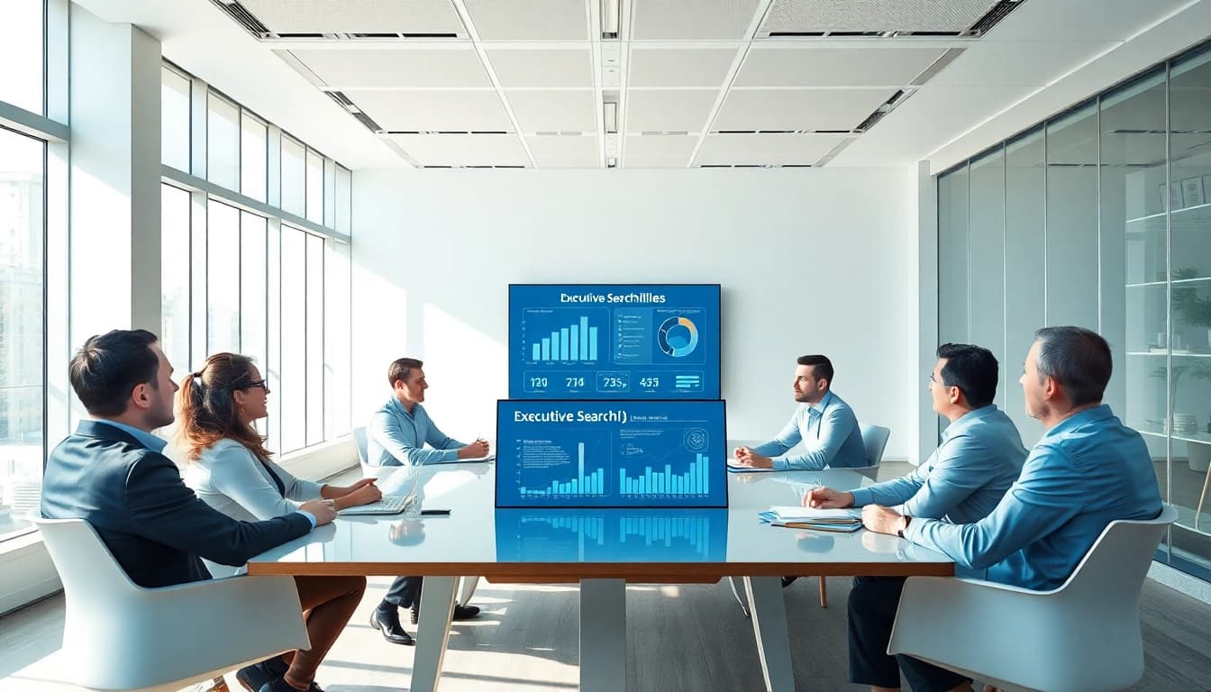 Visualisieren Sie eine erfolgreiche Büro-Meeting-Szene mit Headhuntern, die Strategien zum Executive Search Vertrieb besprechen.