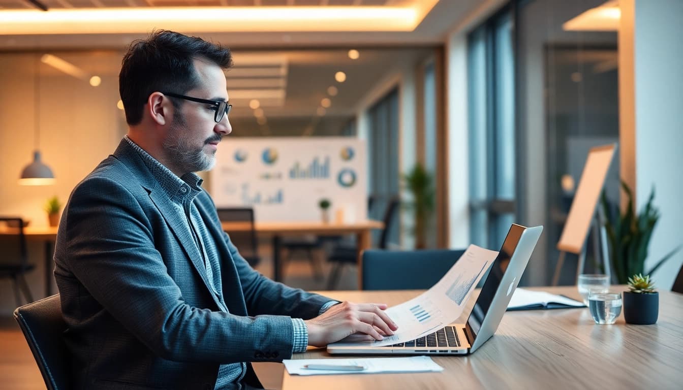 Der Unternehmensberater analysiert Strategien in einem modernen Büro, umwachsendes Geschäftswachstum zu fördern.