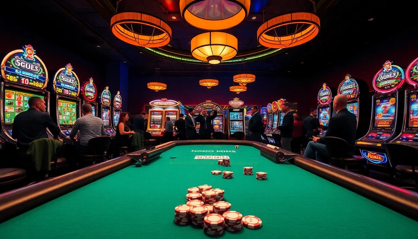 Spiele auf casinospielen.de in einem lebhaften Casino mit Neonlichtern und Spieltischen.
