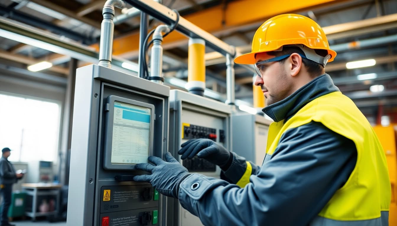 Technician conducting a DGUV V3 Prüfung, ensuring electrical safety and compliance in a modern workshop.