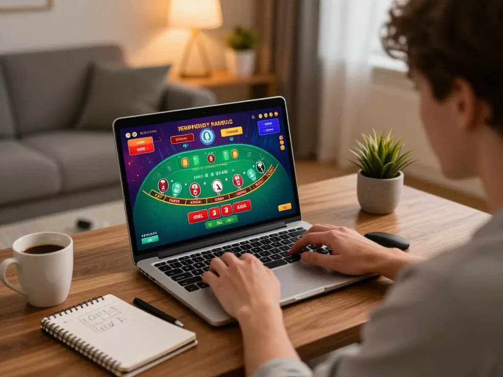 bsport player engaging in a blackjack game at home while reviewing betting strategies.