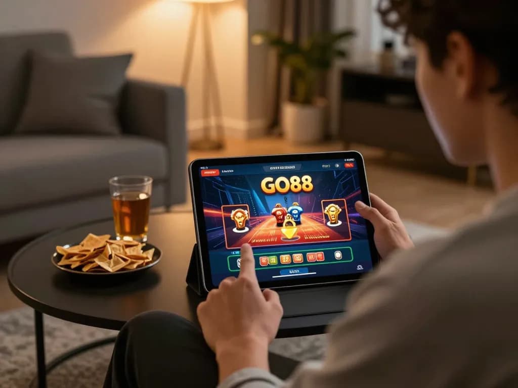 Enjoying gameplay on the GO88 app in a cozy home setting, highlighting responsible gaming.