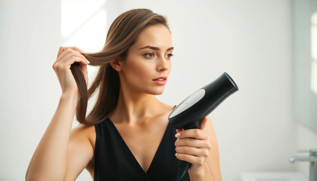 Der laifen haartrockner wird von einem Model in einem modernen Badezimmer verwendet.
