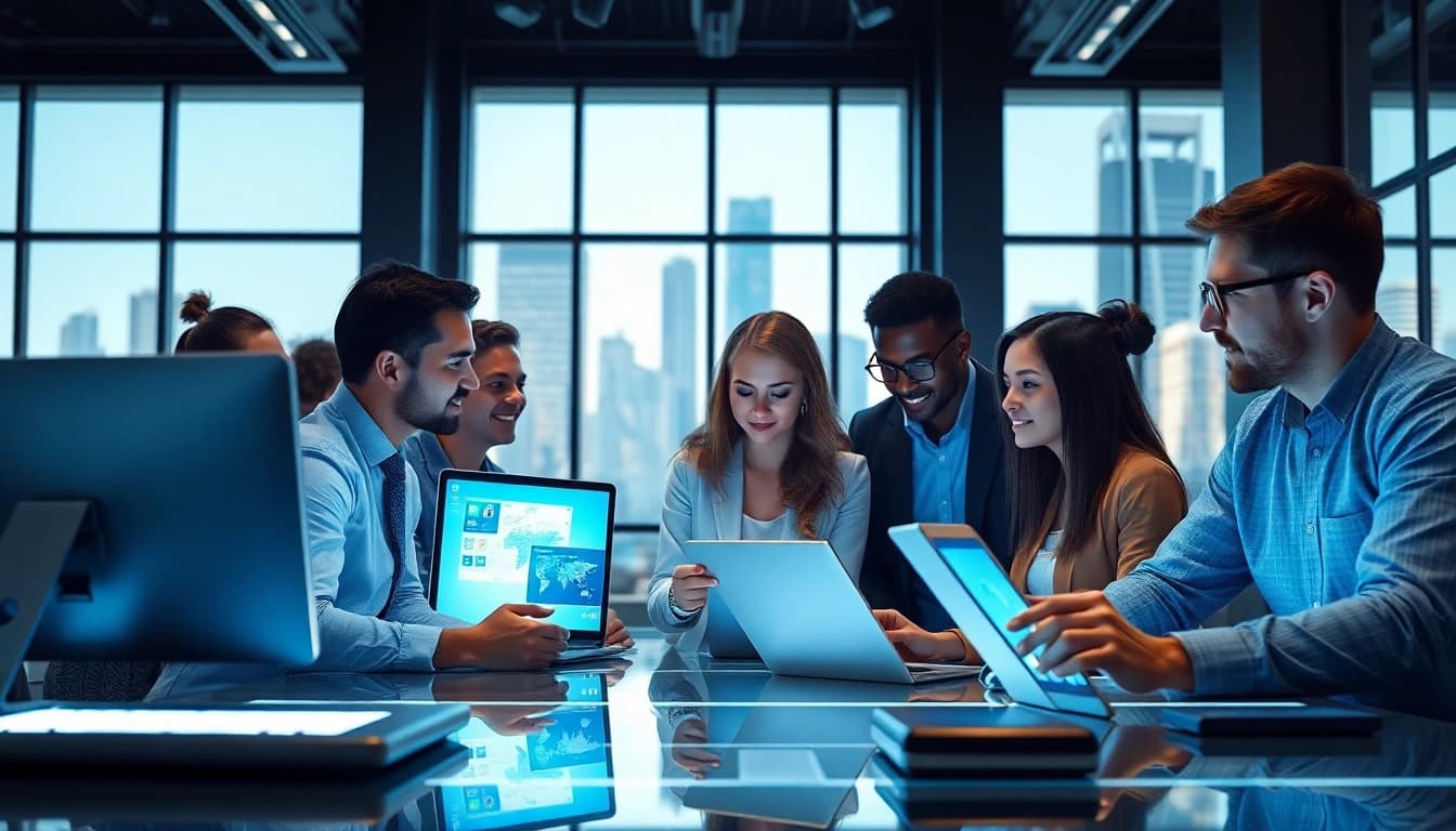 Technologie in einem modernen Büro, das Team brainstormt aktiv.