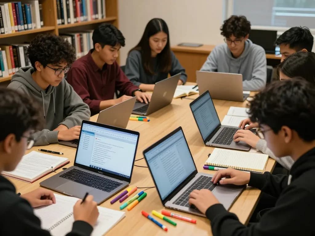 Students performing a Plagiat Scan on multiple laptops during a study session.