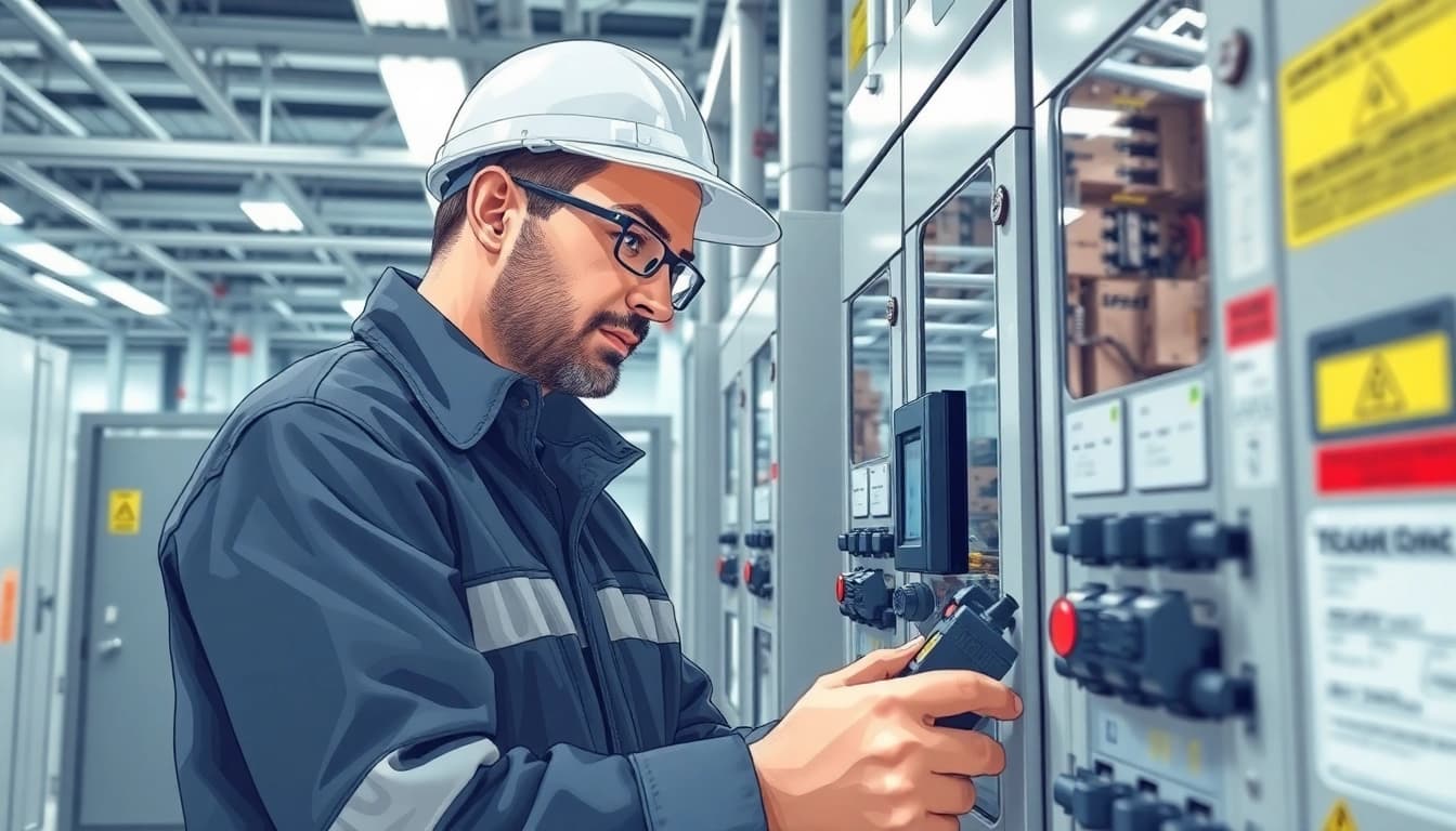 Technician performing a DGUV V3 Prüfung on electrical devices ensuring workplace safety.