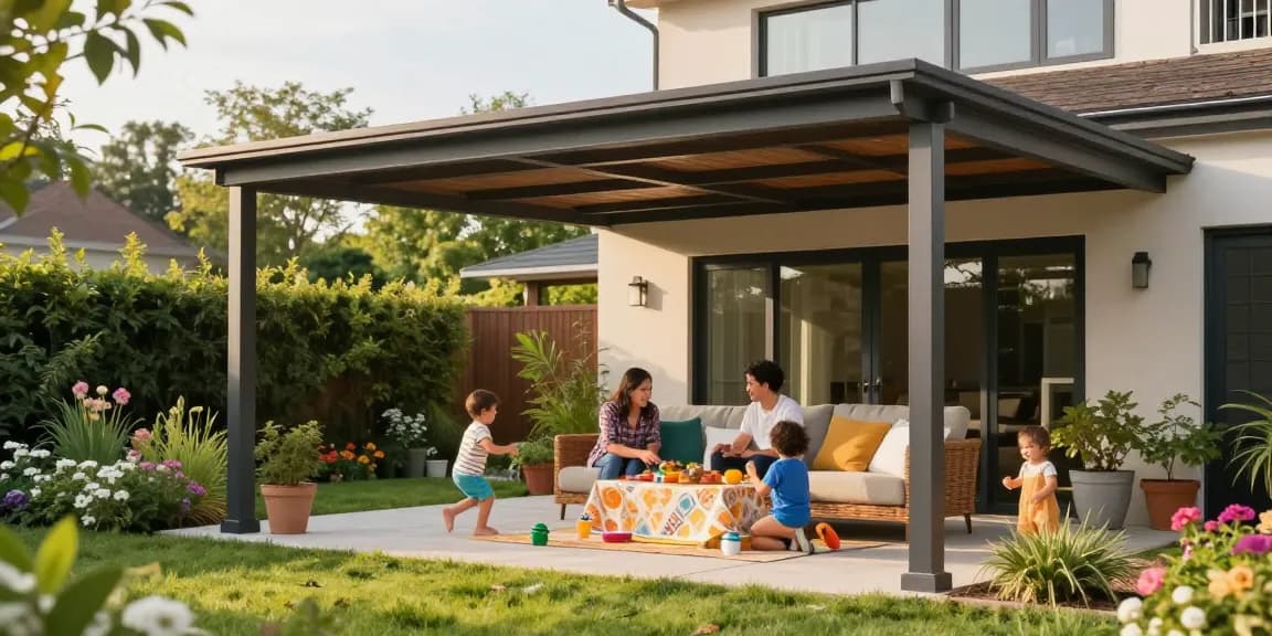Moderne Carport-Struktur, die eine Familie im Freien schützt, mit Gartenimpressionen.