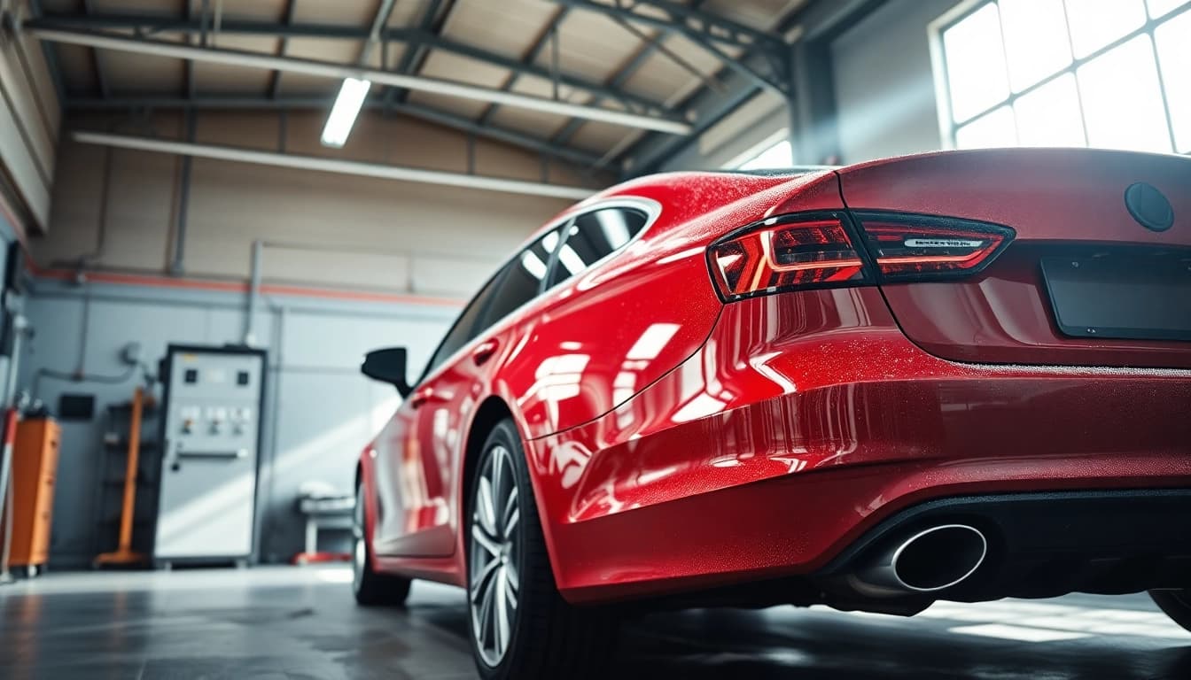 Autopolitur kaufen - glänzendes, frisch poliertes Auto in heller Werkstatt