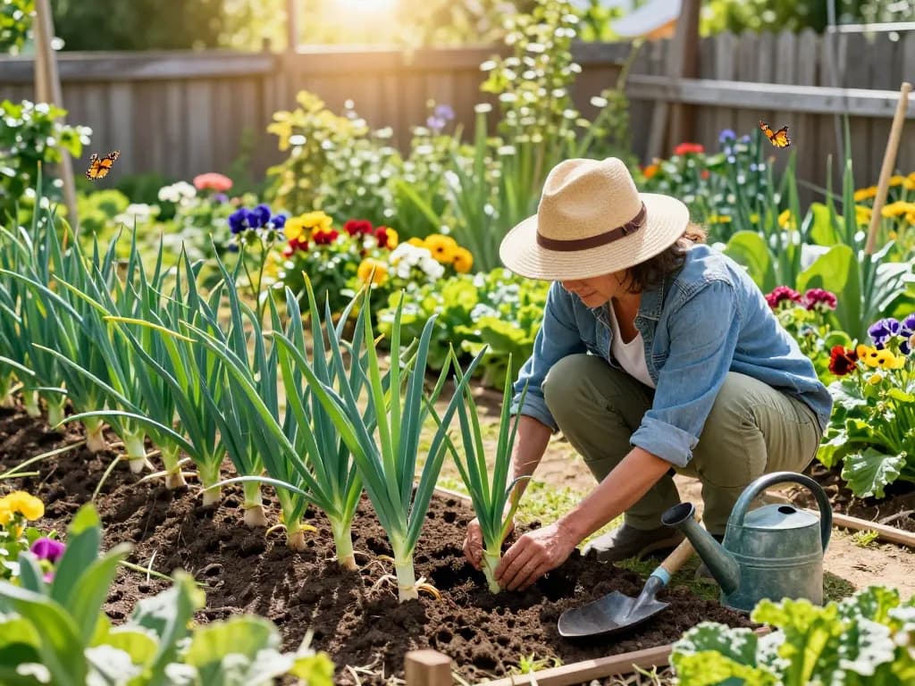 Gardener planting porree jungpflanzen in a vibrant garden filled with healthy vegetables.