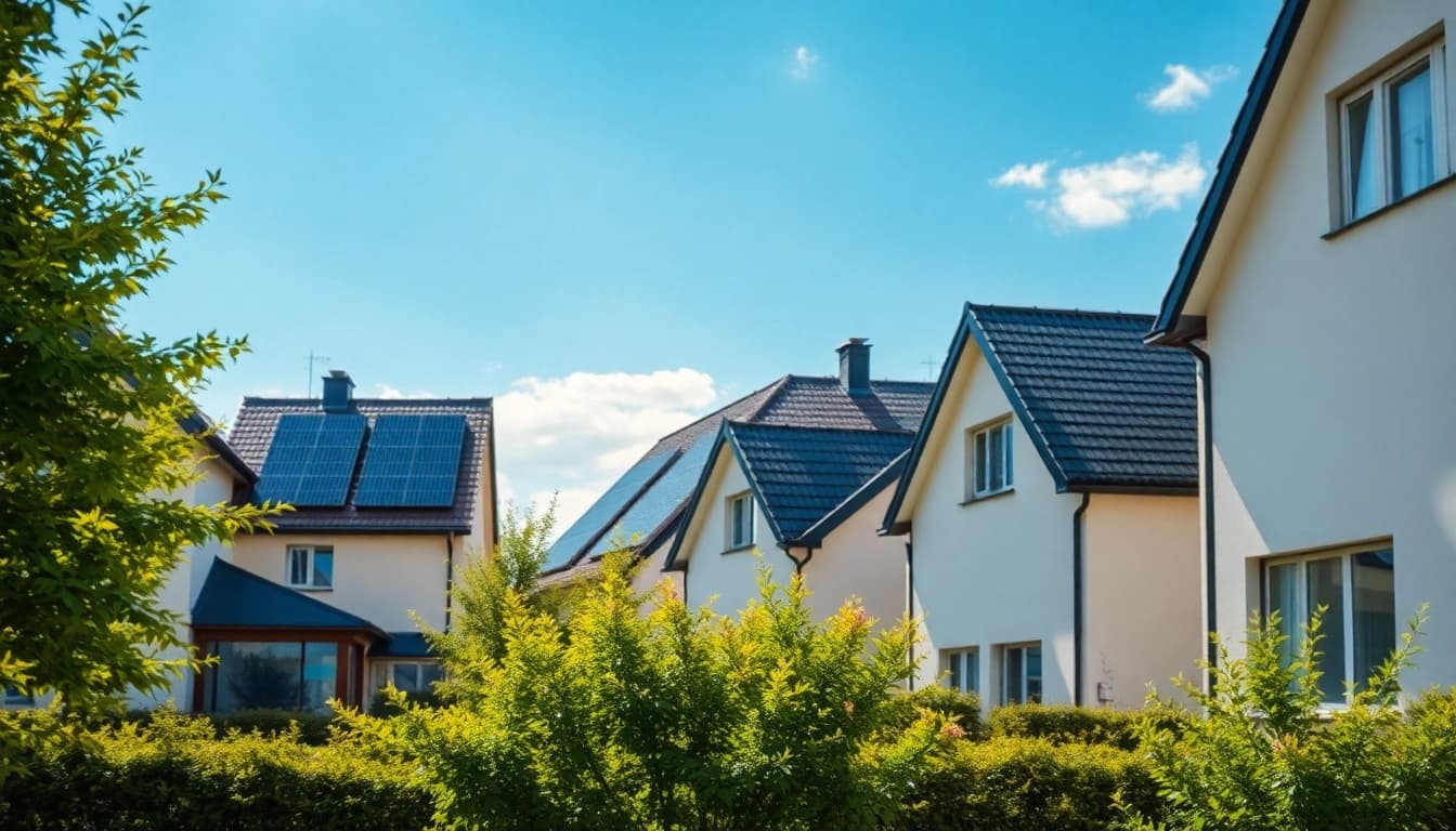 Entdecken Sie Günstige PV Anlage kaufen mit einer Person, die eine moderne Solaranlage in einer sonnigen Wohngegend prüft.