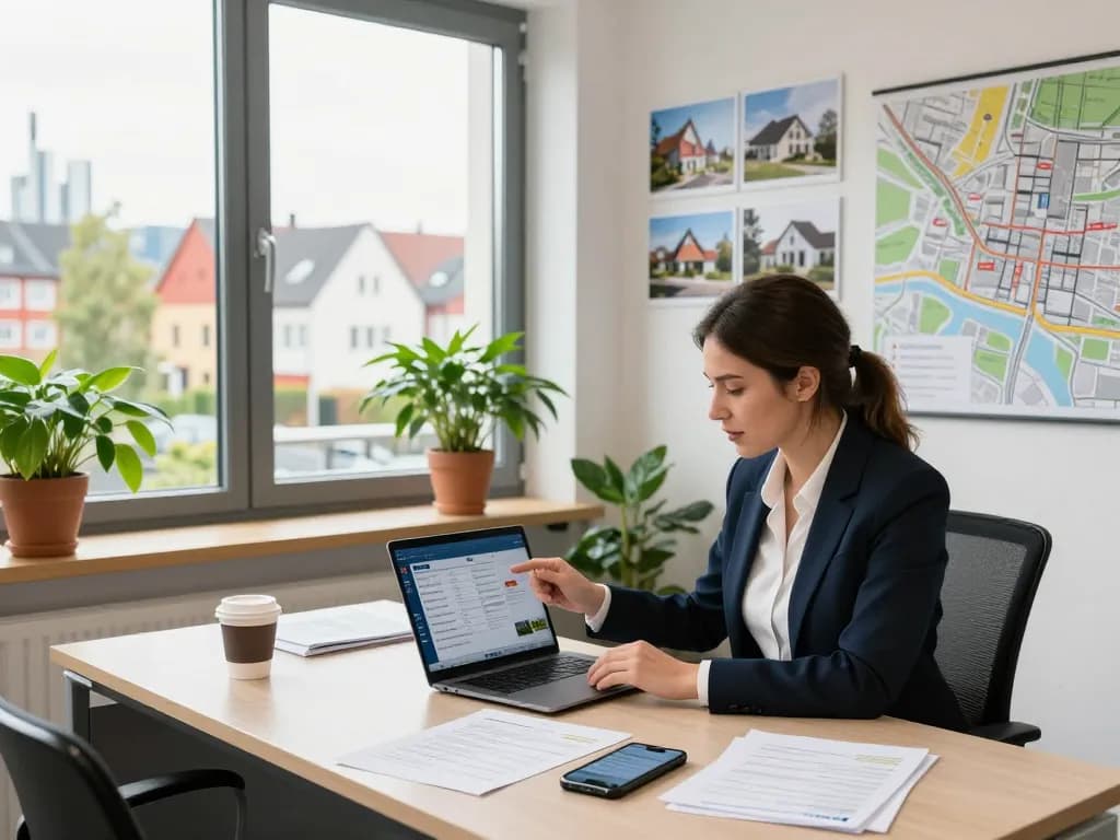 Immobilienmakler arbeitet in modernem Büro und präsentiert die Dienstleistungen von Immobilienmakler Frankfurt Preungesheim.
