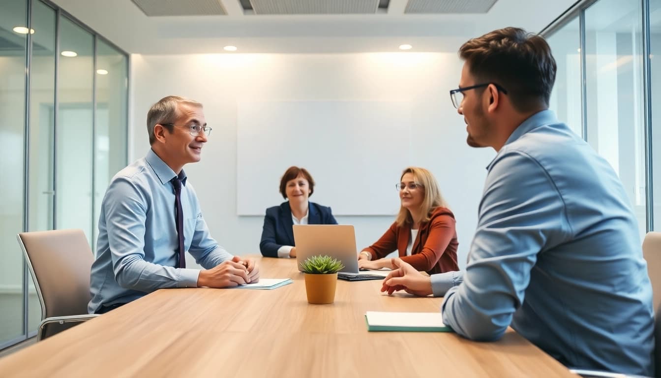 Berater führt eine Unternehmensberatung für Pflegeeinrichtungen zur Prozessoptimierung in einem modernen Büro ein.