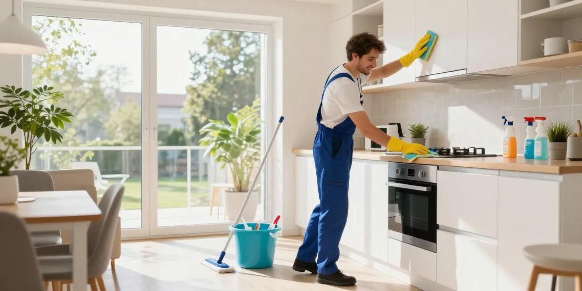 Umzugsreinigung Solothurn in action, professional cleaner ensuring a spotless kitchen.