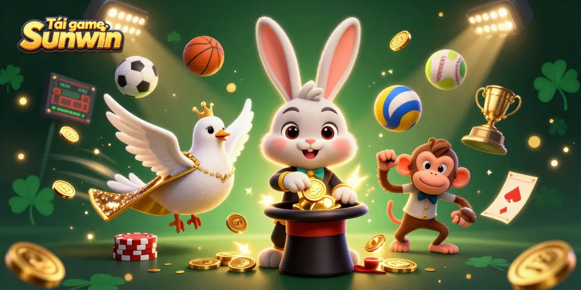 Tải game Sunwin with a magician rabbit, dove, and monkey entertaining in a vibrant casino scene filled with sparkling elements.