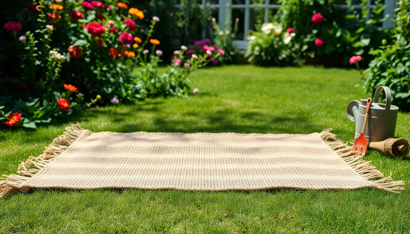Die Hanfmatte auf einem Gartenboden, umgeben von bunten Blumen, zeigt ihre natürliche Textur und Qualität.