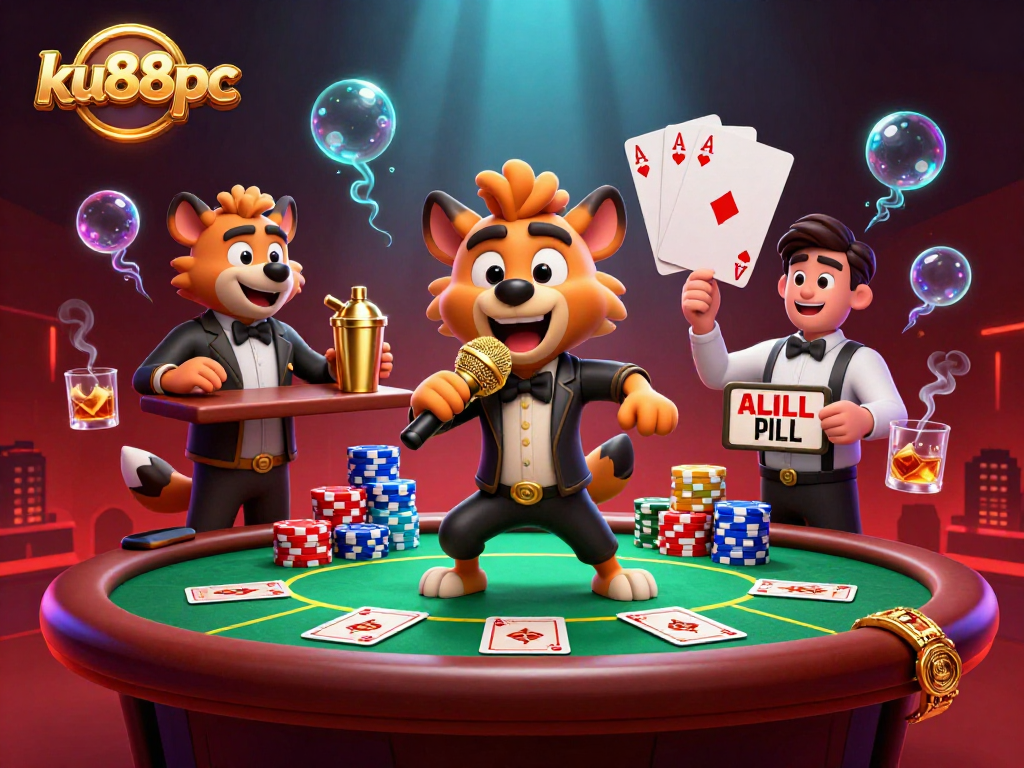Experience exuberant moments at ku88pc casino with lively hyena characters in a vibrant scene.