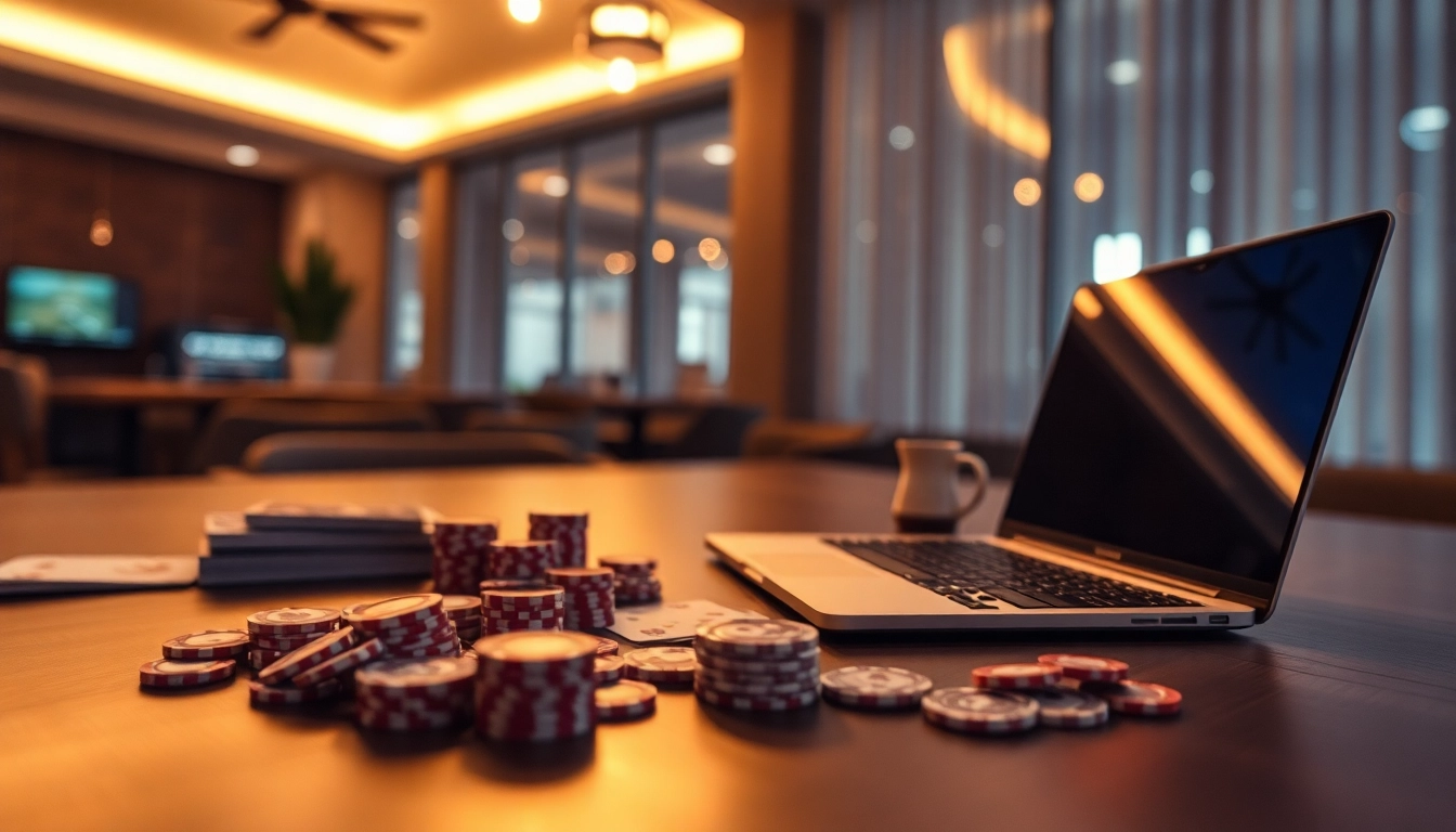 Setzen Sie auf Spaß beim Casino ohne Anmeldung mit Karten und Chips, umgeben von einem modernen Ambiente.