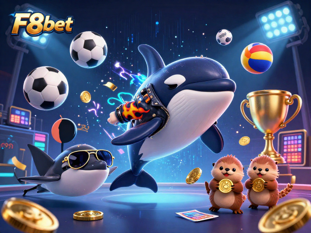 Engage in thrilling betting action with F8bet as dynamic characters celebrate around sports elements.
