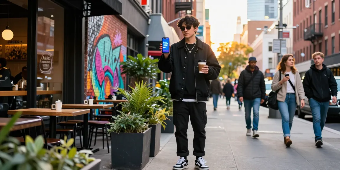 A person engaging with the rokok88 app while dressed in trendy streetwear, showcasing urban culture.