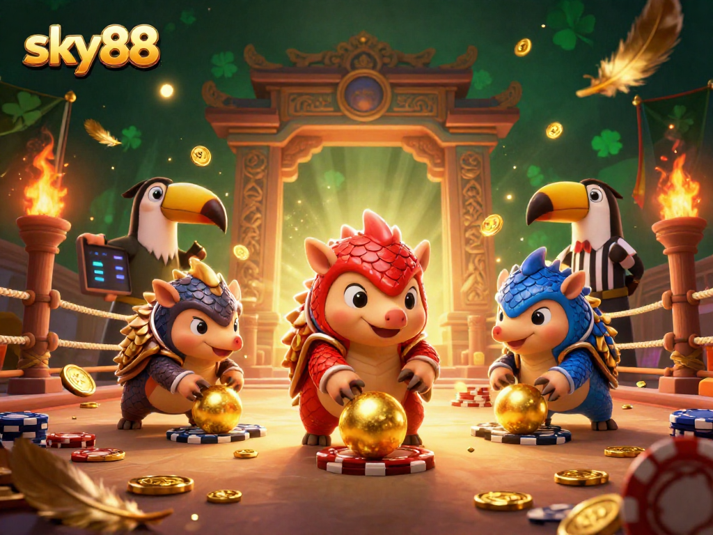 Experience thrilling gameplay at sky88 with rival pangolins battling through golden poker chips.