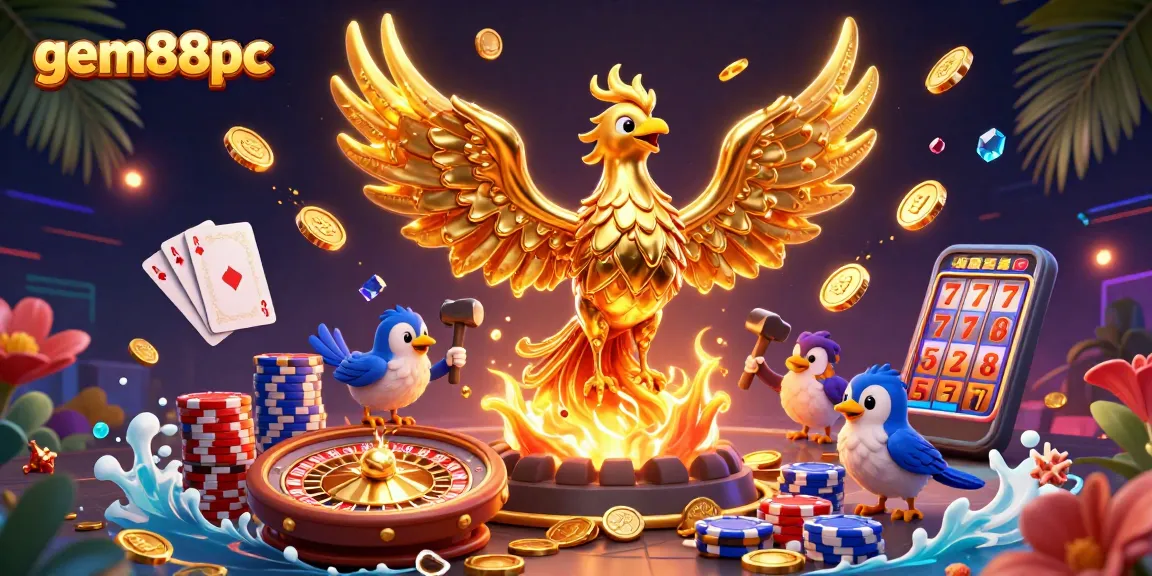 Experience the thrill of gem88pc with a vibrant 3D casino illustration showcasing winning elements and dynamic games.