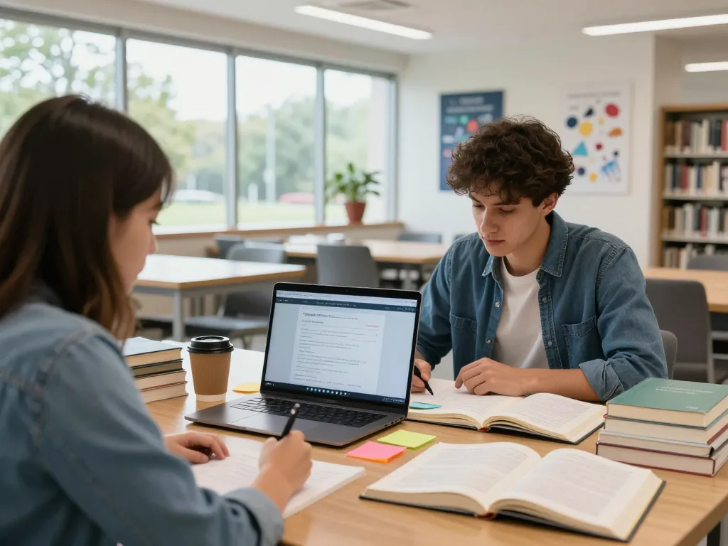 Student nutzt Technologie, um in einer hellen Bibliothek Hausaufgaben zu lösen.
