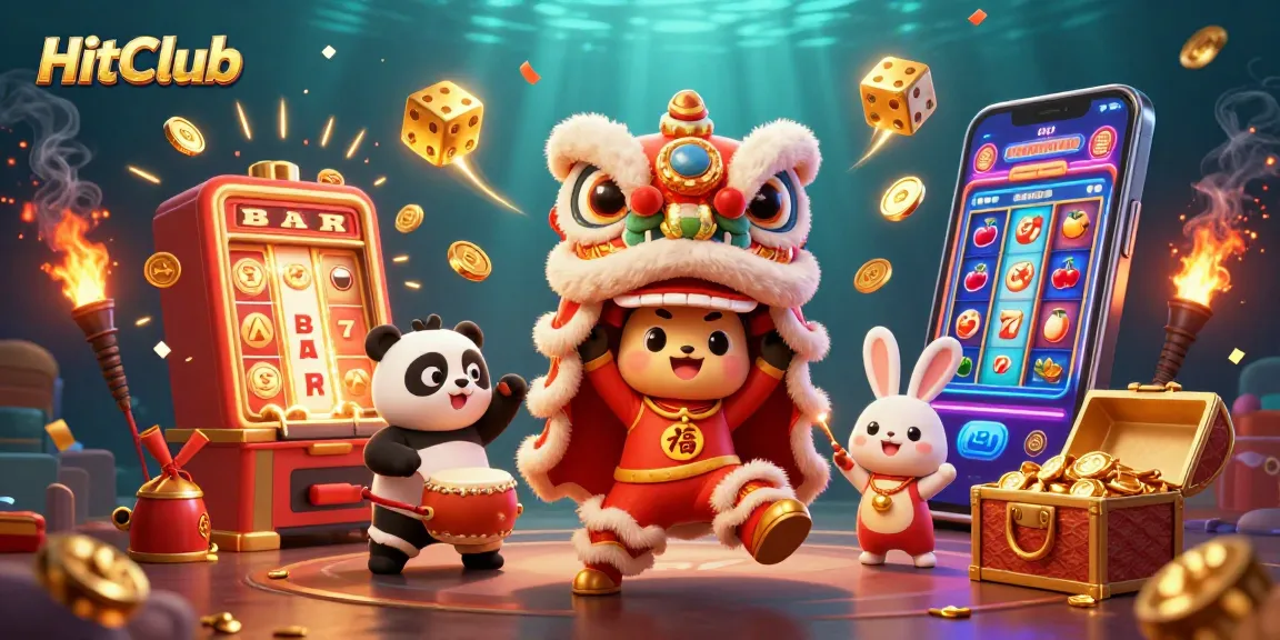 Experience jackpots at HitClub with a vibrant lion dance and exciting casino elements.