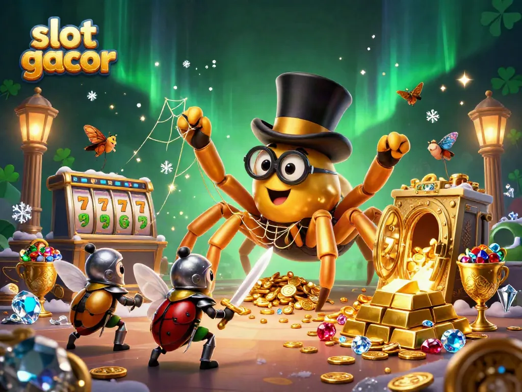 Engage in slot gacor excitement with vibrant characters and golden treasures in this 3D casino scene.