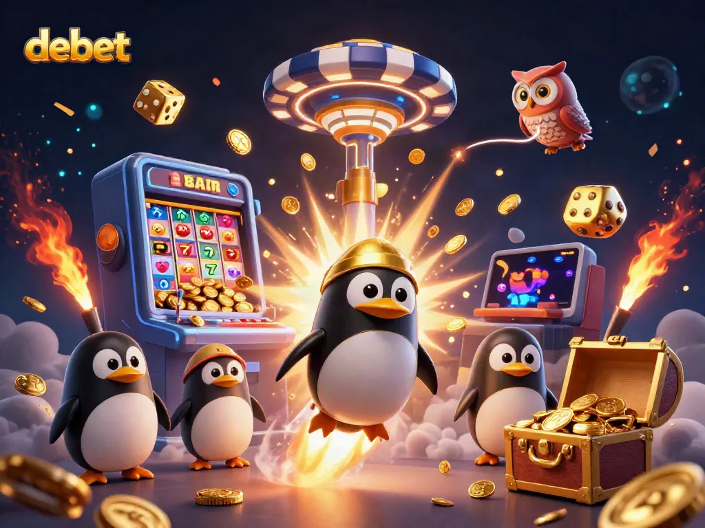 Experience thrills at debet with a golden penguin soaring to a casino station amidst jackpot excitement.