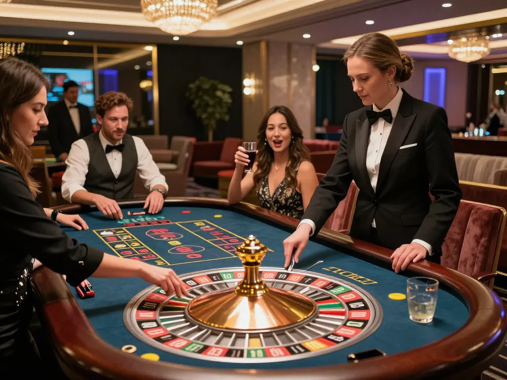 Players engage at man88 roulette table, betting in a sophisticated casino atmosphere
