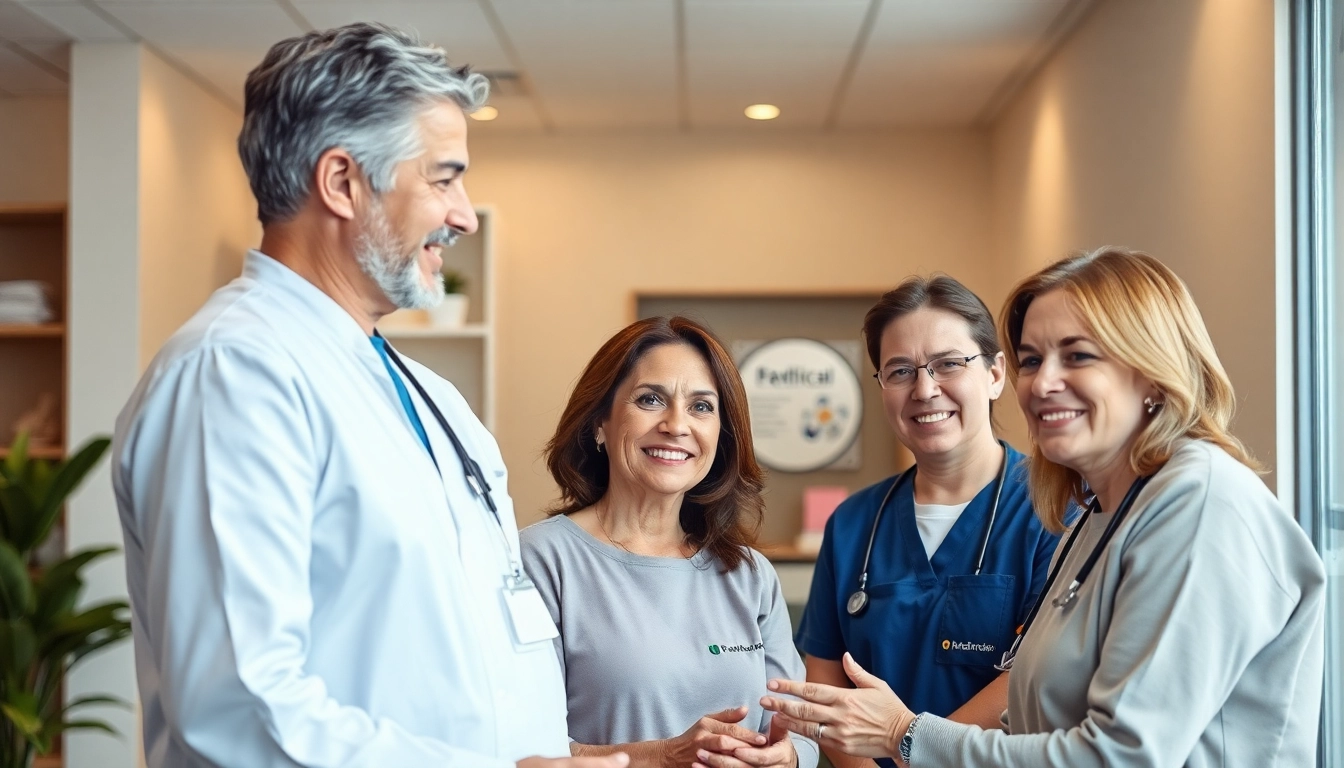 Marketing für Pflegedienste: Pflegepersonal interagiert freundlich mit Patienten in einem modernen Büro.