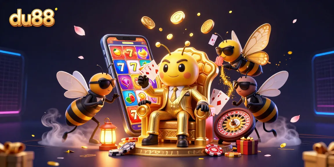 Engage with vibrant du88 casino slots featuring a 3D bumblebee mob boss surrounded by gaming elements.