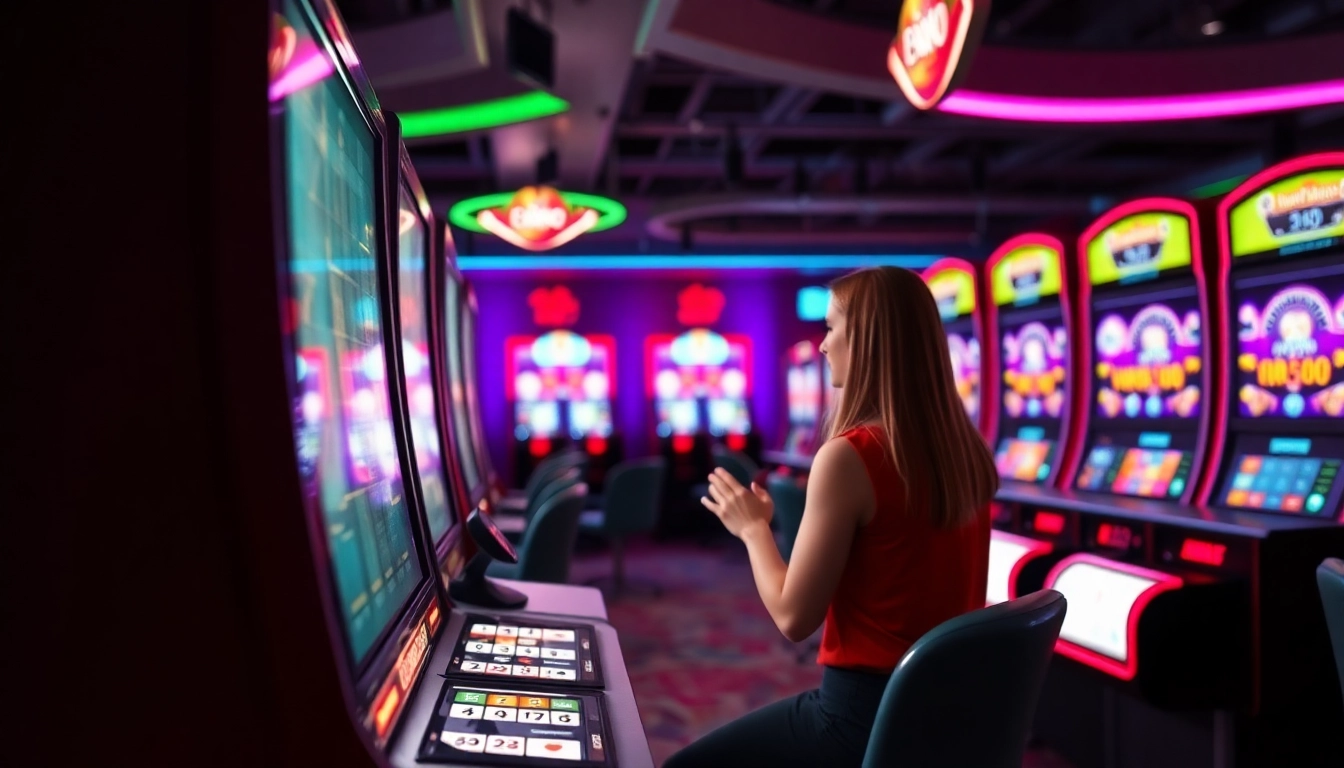 Gewinne mit dem Casino Bonus aufregende Freispiele an bunten Spielautomaten in einer energetischen Casino-Atmosphäre.