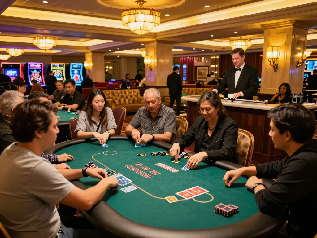 KJC gaming lounge with players enjoying poker, showcasing excitement and a luxurious ambiance.
