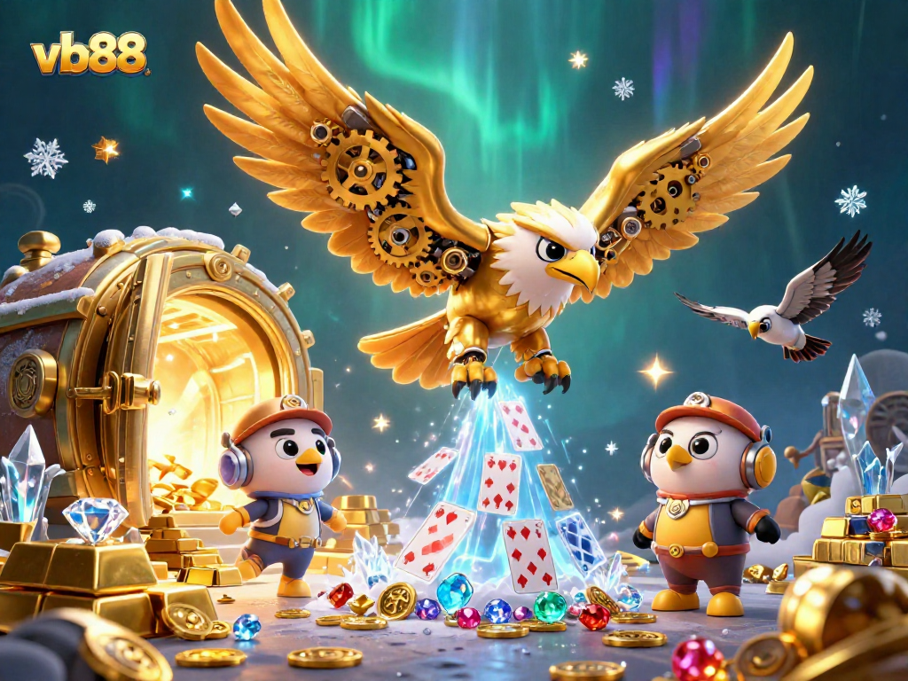 Experience pulsating wins at vb88 with a diving eagle amidst gambling treasures and vibrant casino elements.
