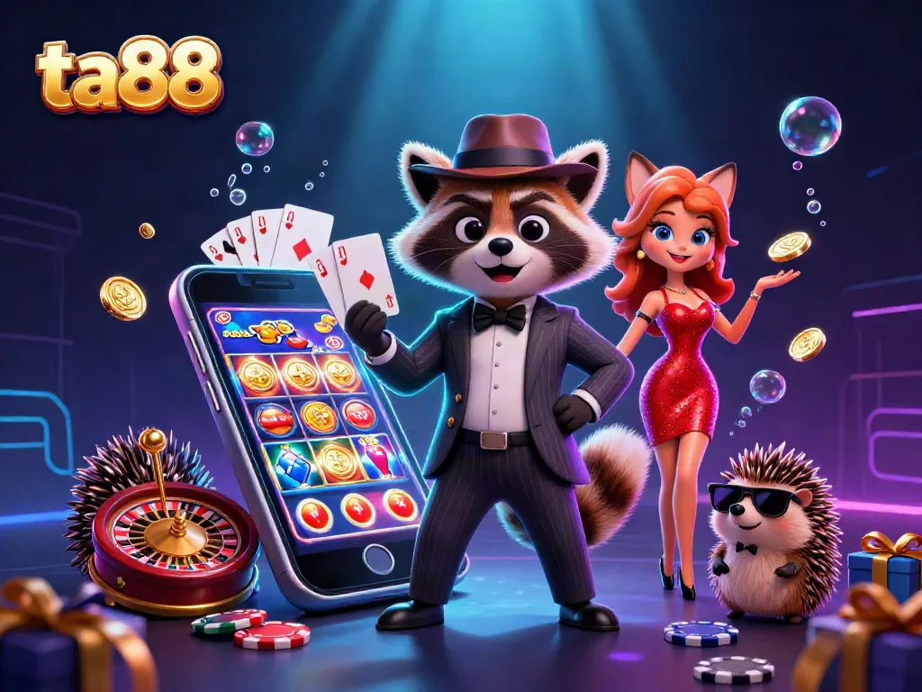 Play exciting games at ta88 with casino elements, gold coins, and a charming raccoon.