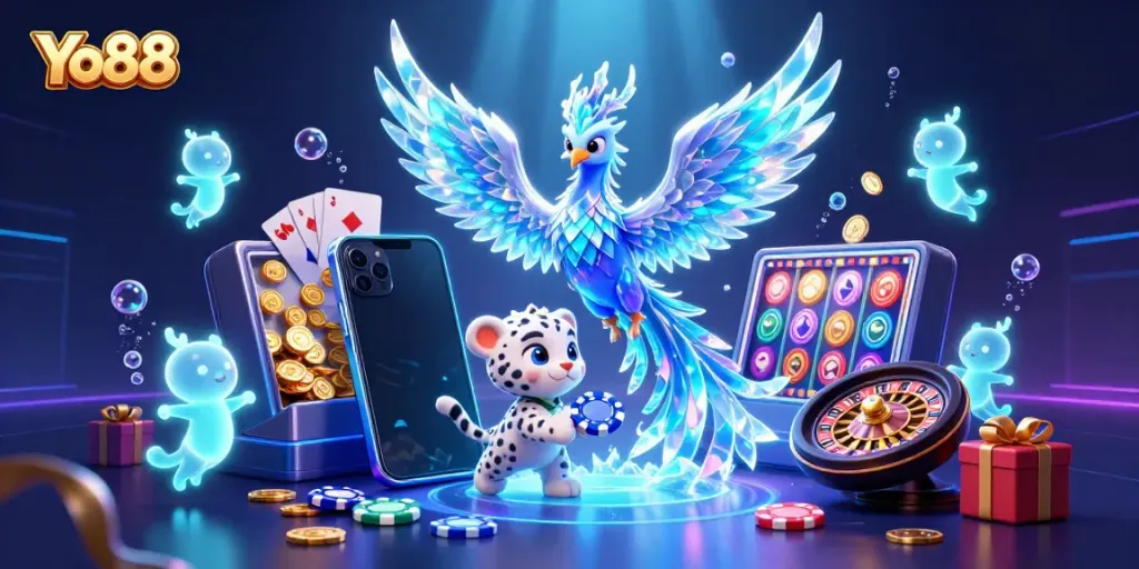 Experience the thrill of playing at Yo88 with 3D characters and vibrant casino elements in this dynamic illustration.