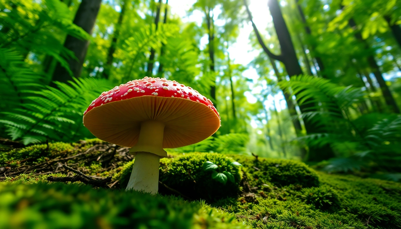 Hochwertige Amanita muscaria kaufen: Nahe Ansichten des Fliegenpilzes in natürlicher Umgebung