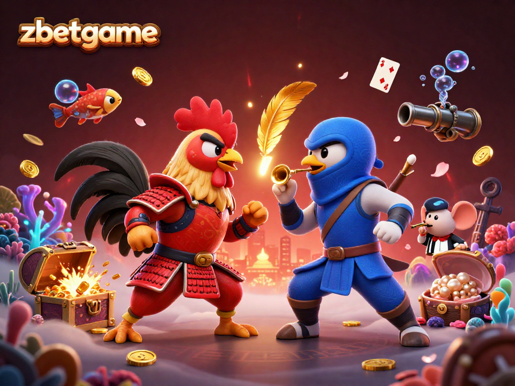 Experience thrilling action at zbetgame with dramatic roosters and vibrant casino elements amidst treasure.