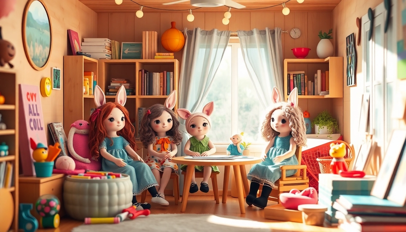 Kreative Gutdolls im einladenden Spielzimmer mit bunten Spielzeugen.