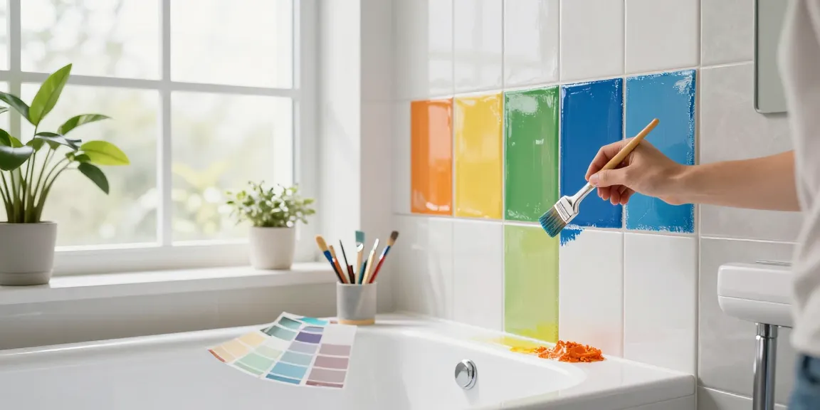 Badkamertegels verven inspiratie met DIY schilder die levendige tegelverf gebruikt.
