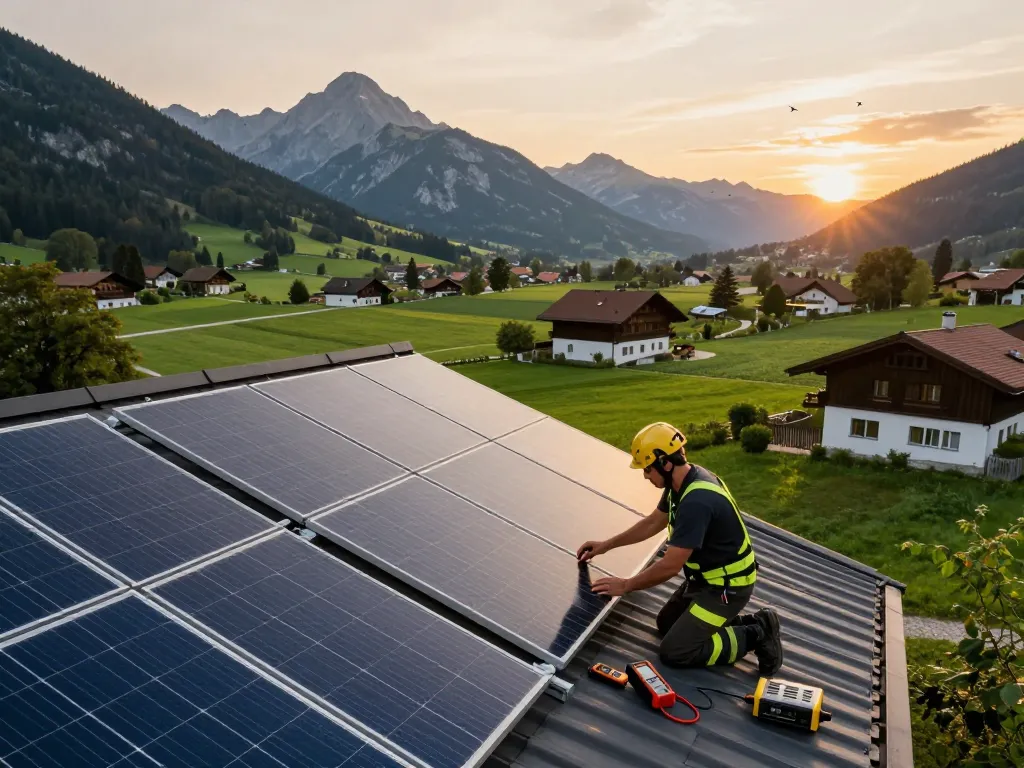Photovoltaik Bayern Solarpanel-Installation in malerischer bayerischer Kulisse bei Sonnenuntergang.